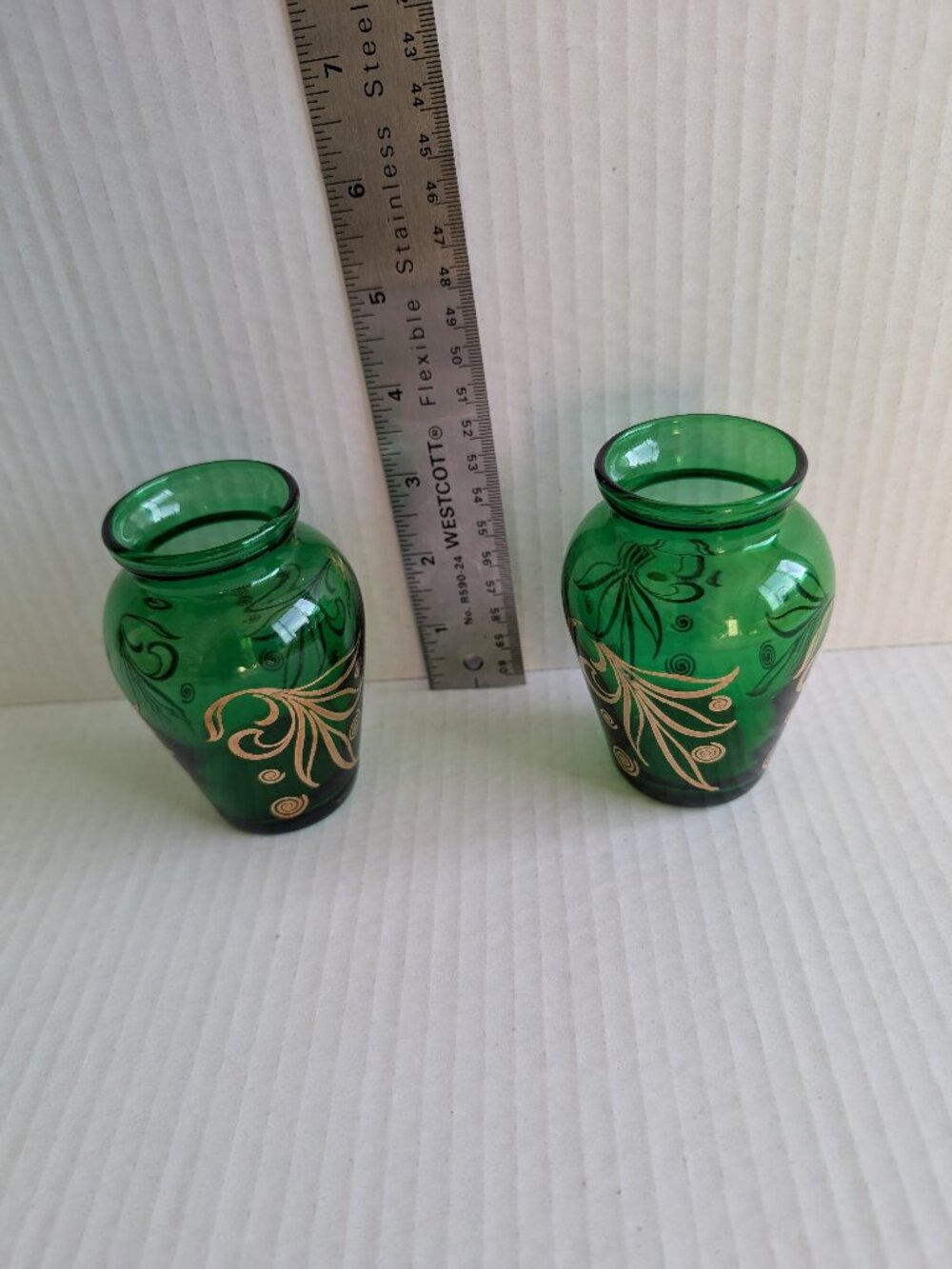 Twin Green Glass Gold design Bud Vases Anchor Hocking